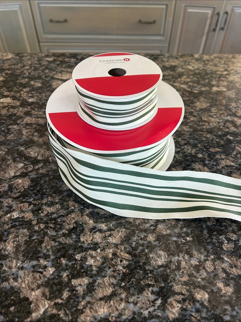 CELEBRATE IT GREEN & WHITE DOUBLE STRIPED GROSGRAIN RIBBON LOT OF 2 NWT